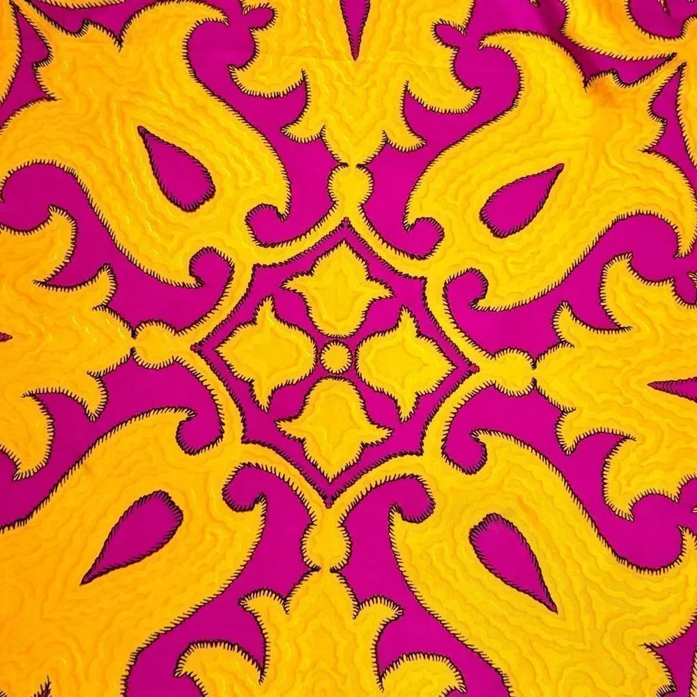 Burmel Twill Silk Scarf Fuchsia Yellow Moroccan-style Pattern Hand Rolled Japan